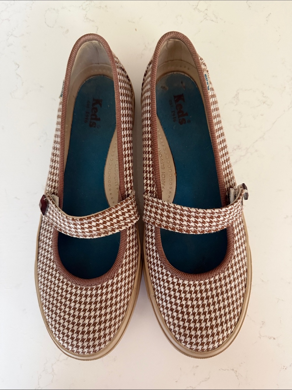 Keds Brown and White Houndstooth Mary Jane Flats - Picture 1 of 6